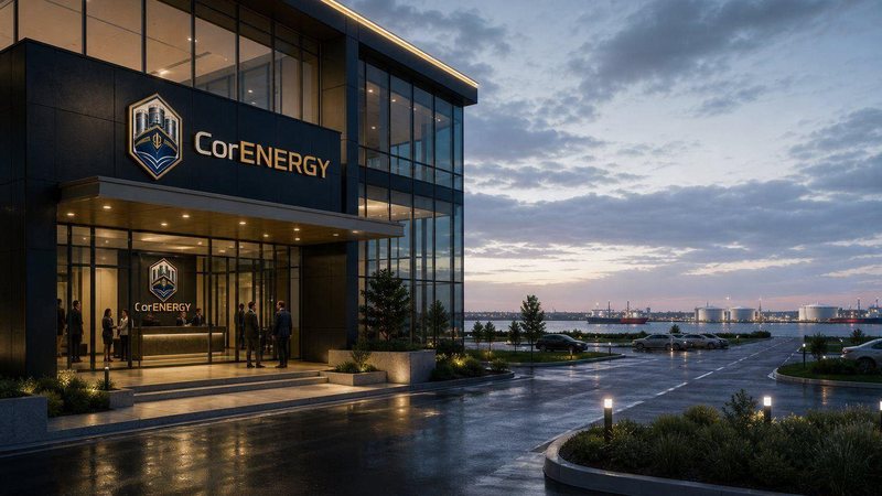 CorEnergy office entrance at dusk with the company badge on the facade