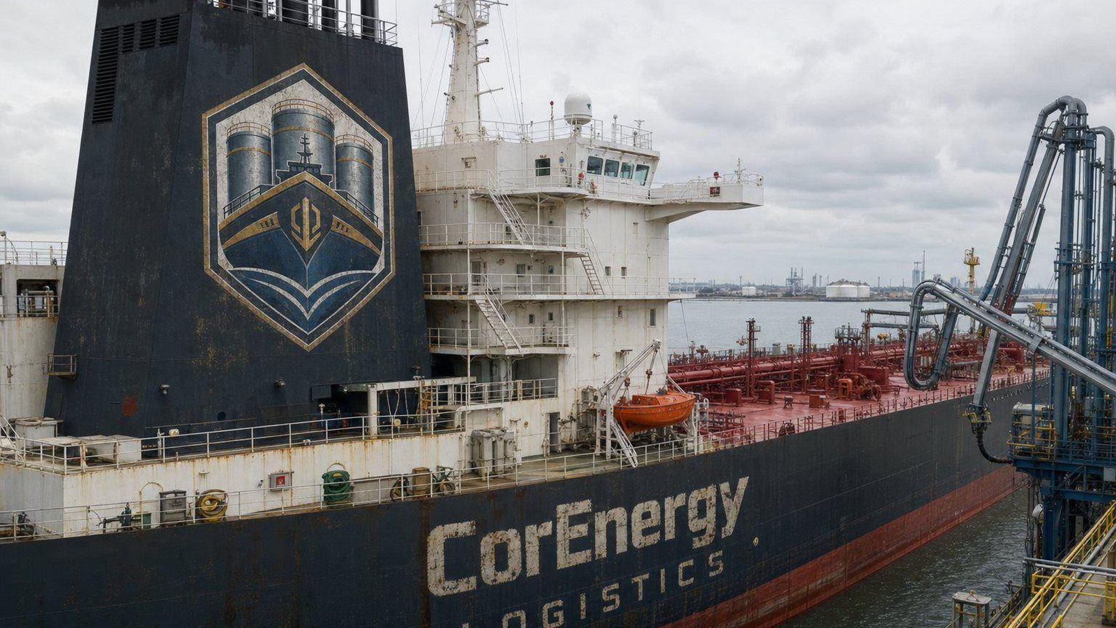 CorEnergy Logistics tanker at berth with loading arms connected