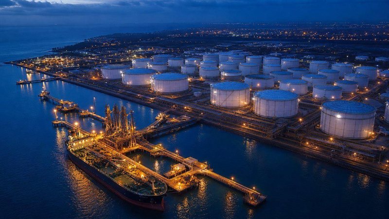 Coastal tank terminal at dusk with a tanker berthed at the lit jetty