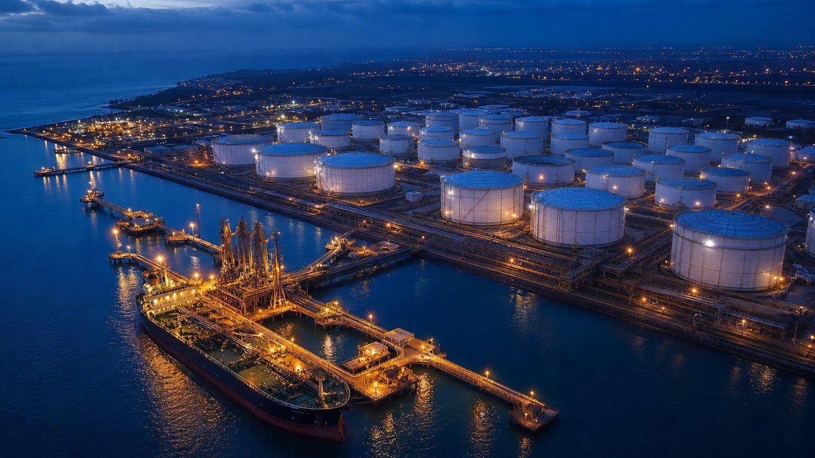 Coastal tank terminal at dusk with a tanker berthed at the lit jetty