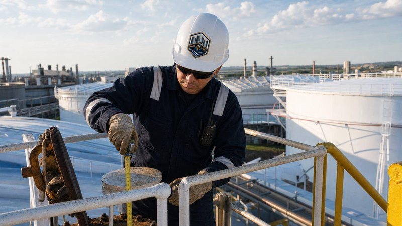 Terminal operator in a CorEnergy hard hat gauging a storage tank from the tank roof