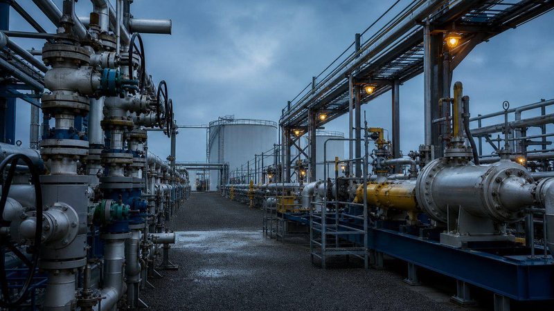 Pipeline manifold with large valves and pipework at a terminal at dusk