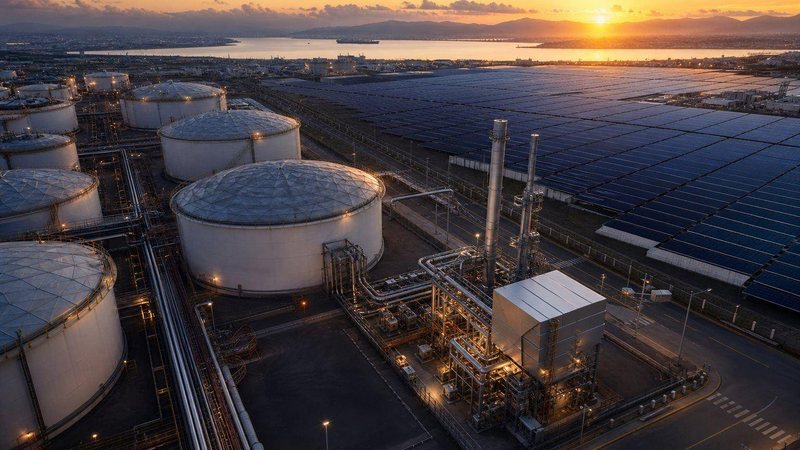 Storage tanks beside a solar farm at sunrise, seen from the air