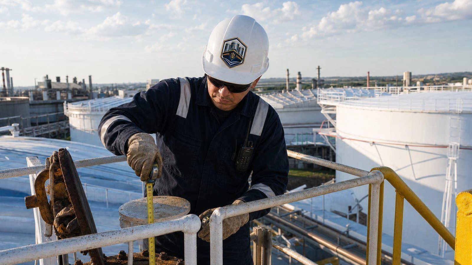 Terminal operator in a CorEnergy hard hat gauging a storage tank from the tank roof