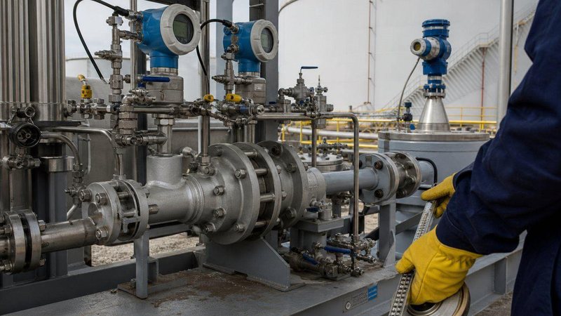 Operator at a custody transfer meter skid with flow meters and valves