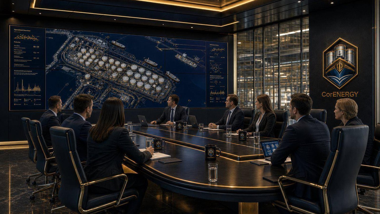 Executives meeting in the CorEnergy boardroom in front of a large terminal map display