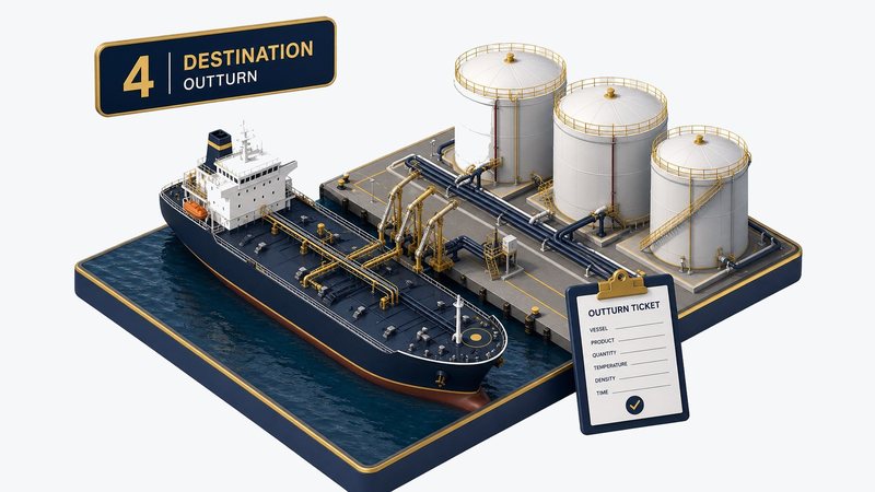 Illustration of a tanker discharging into storage tanks with an outturn ticket