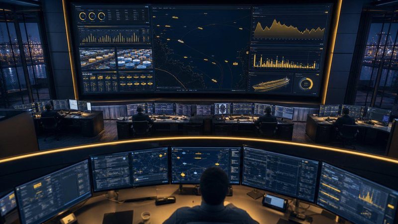 Terminal control room with a wall of tank and flow displays and an operator at the console