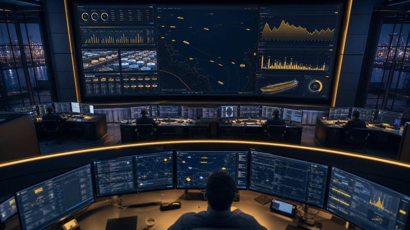 Terminal control room with a wall of tank and flow displays and an operator at the console