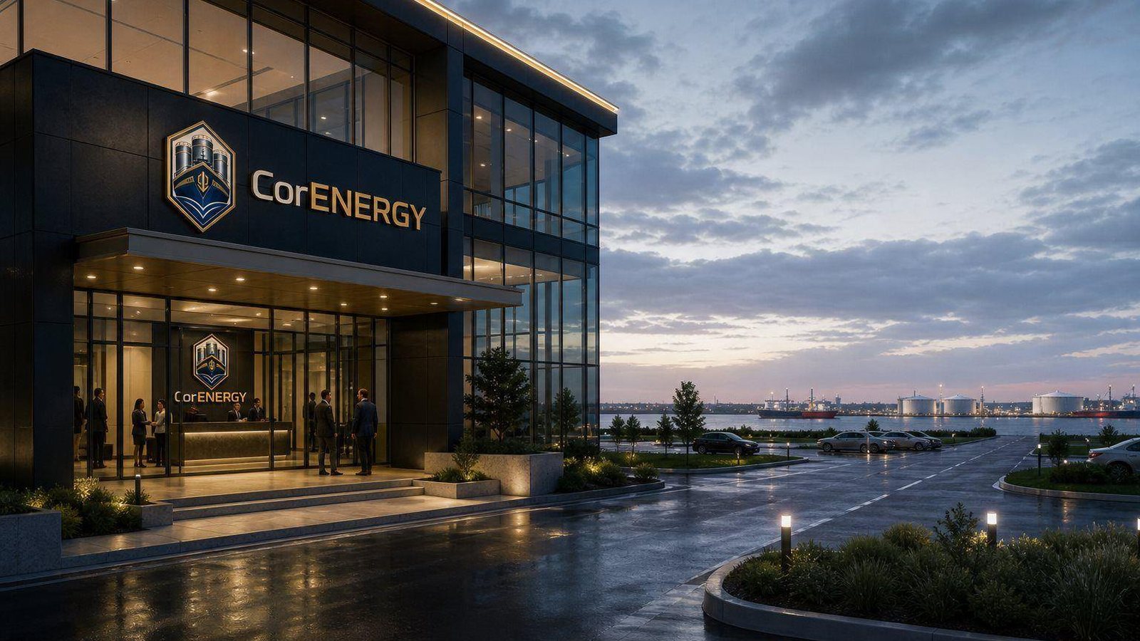 CorEnergy office entrance at dusk with the company badge on the facade