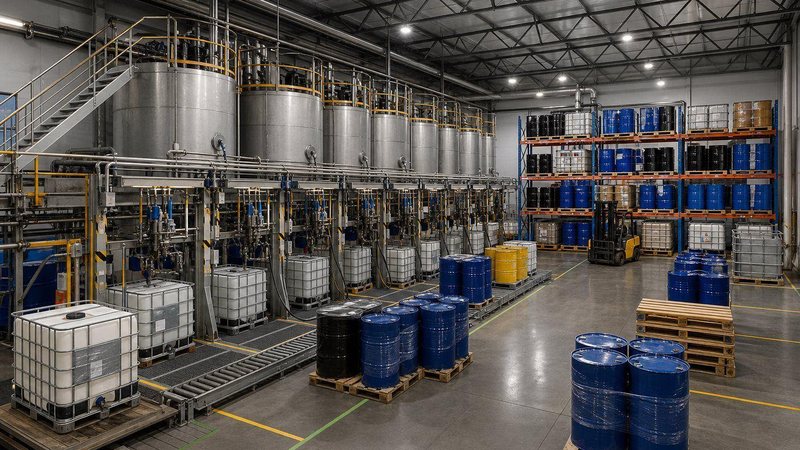 Indoor base oil storage hall with stainless steel tanks, drums and bulk containers