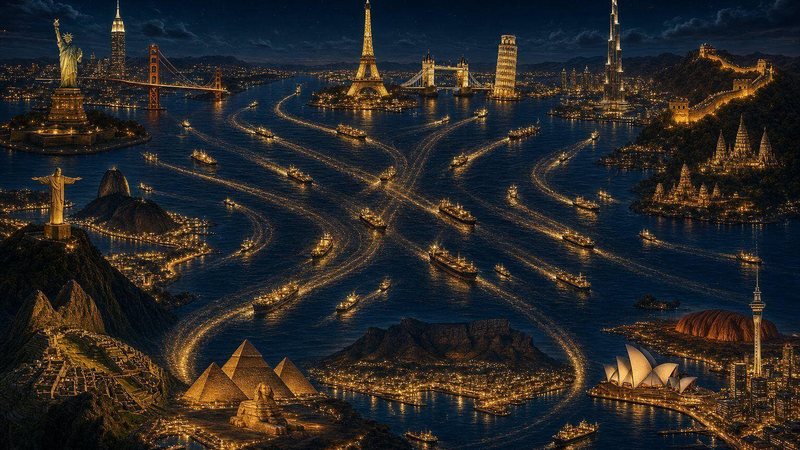 Illustrated world of glowing trade routes linking ports and landmarks at night