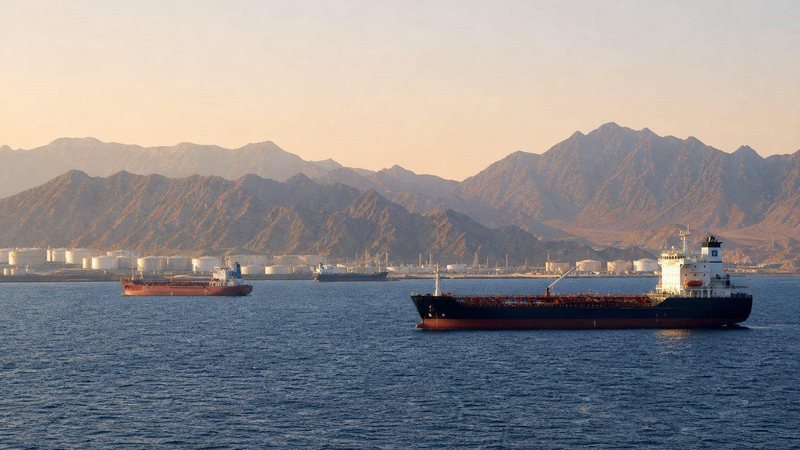 Tankers at anchor off a mountainous coastline near Fujairah
