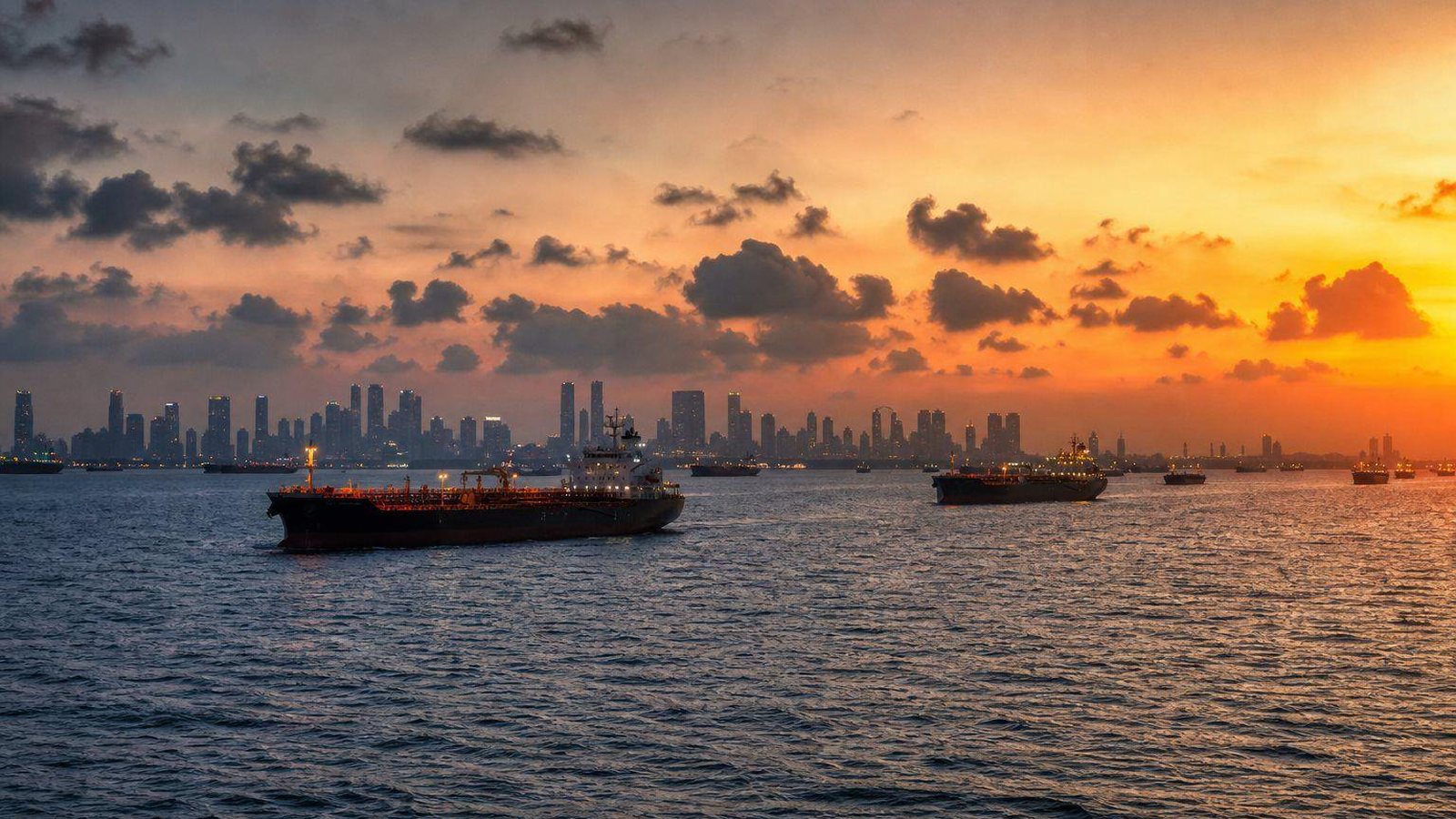 Tankers at anchor off the Singapore skyline at sunset