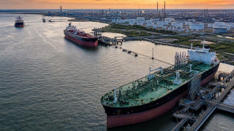 Tankers berthed at a Gulf Coast refinery terminal seen from the air