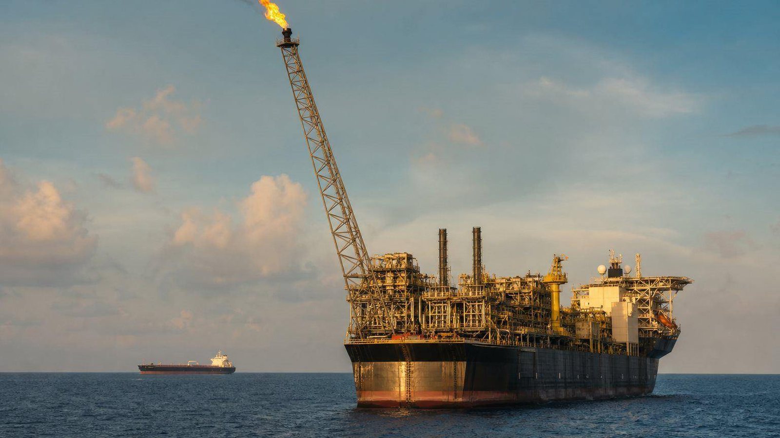Floating production and storage vessel with a flare off the West African coast