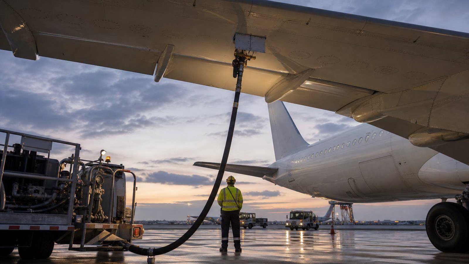 Aircraft being refuelled on the apron by a fuel truck