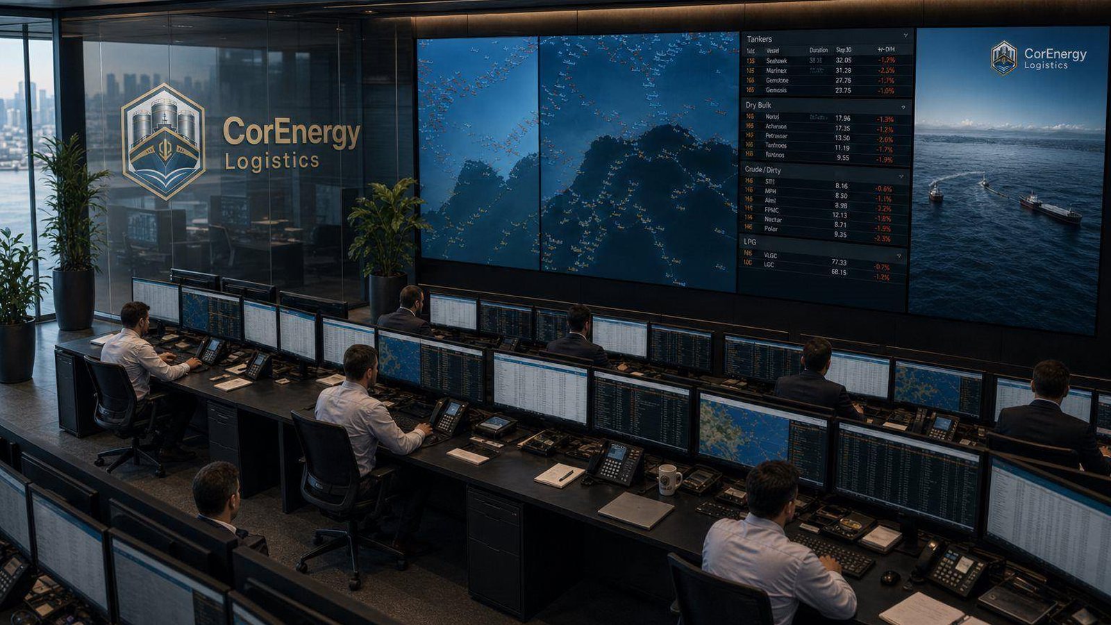 CorEnergy chartering desk with staff at screens and a vessel-tracking video wall