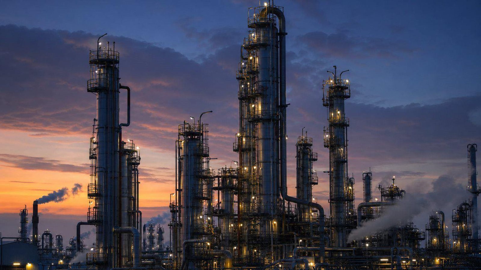 Refinery towers silhouetted against a dusk sky