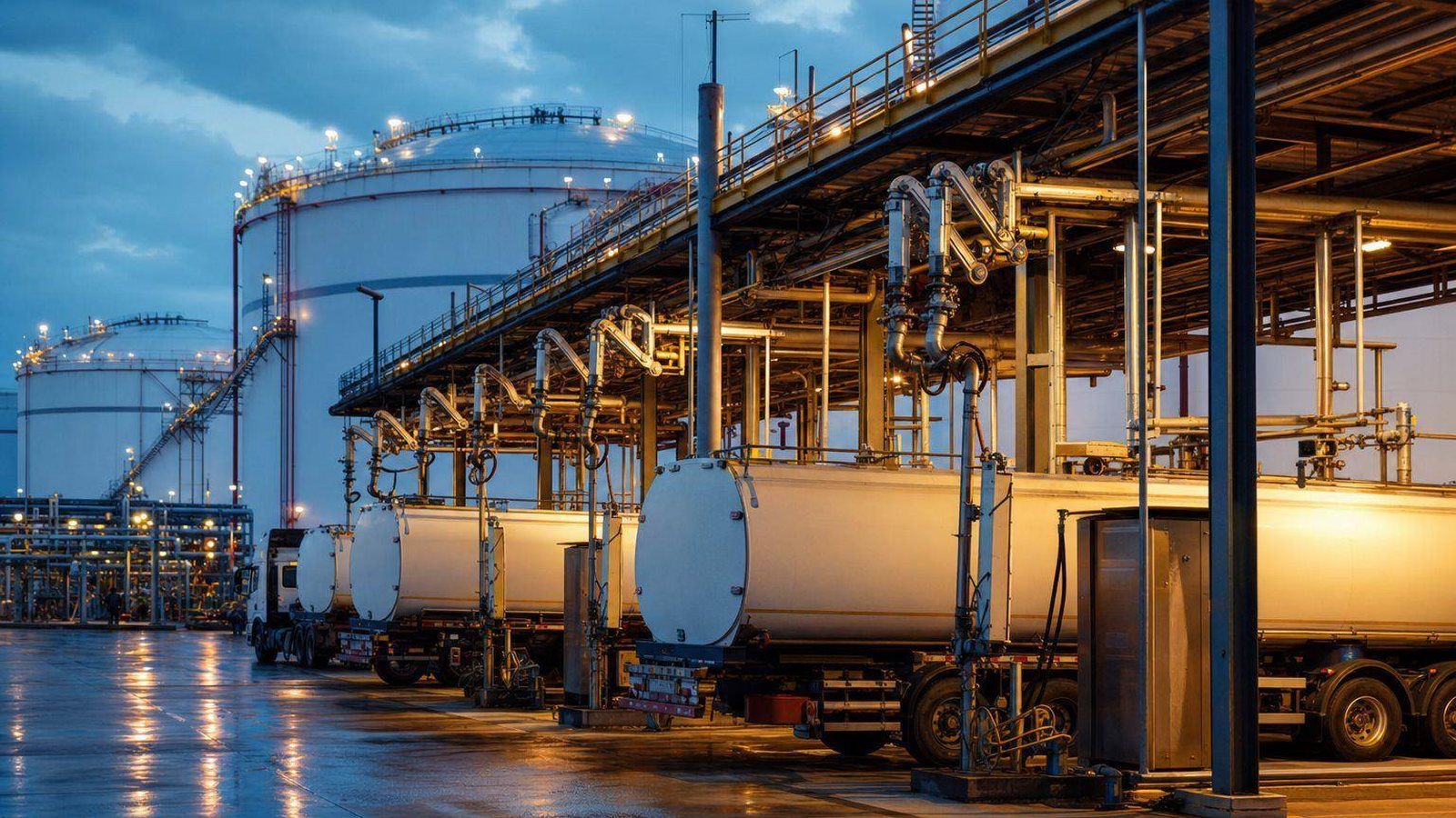 Tank trucks loading at a lit refined-products rack in front of storage tanks