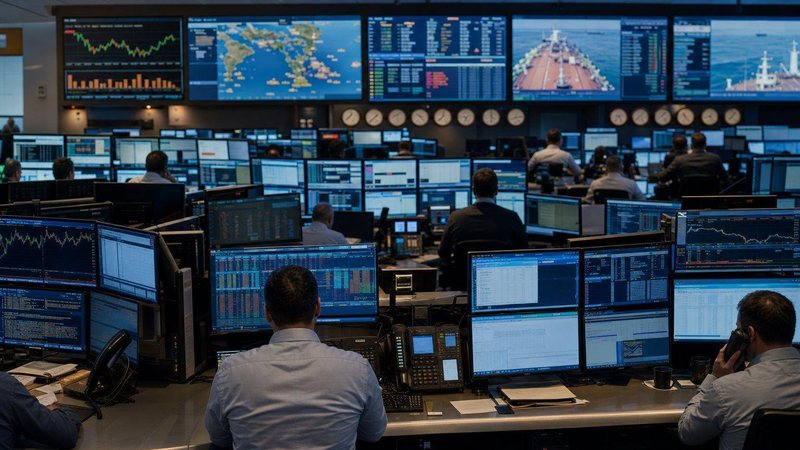 Trading floor with energy traders working at market screens