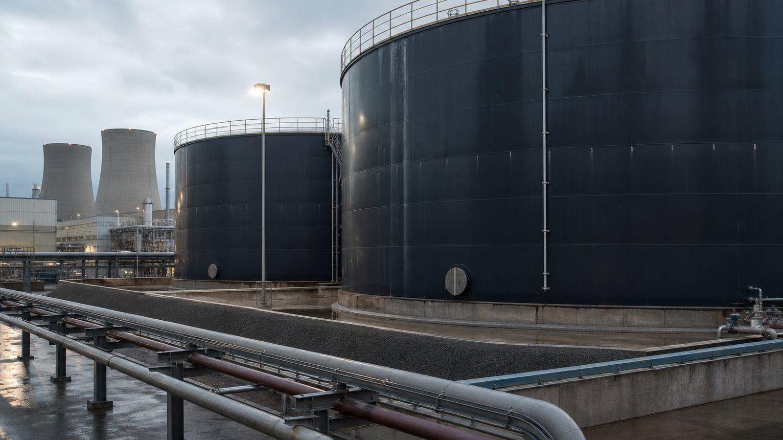 Dark fuel oil storage tanks beside a power station with cooling towers