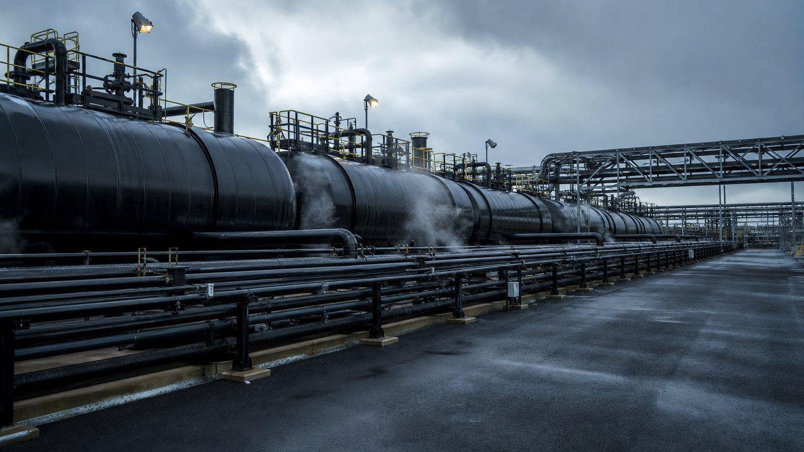 Insulated black bitumen tanks and heated pipelines at a terminal under a grey sky