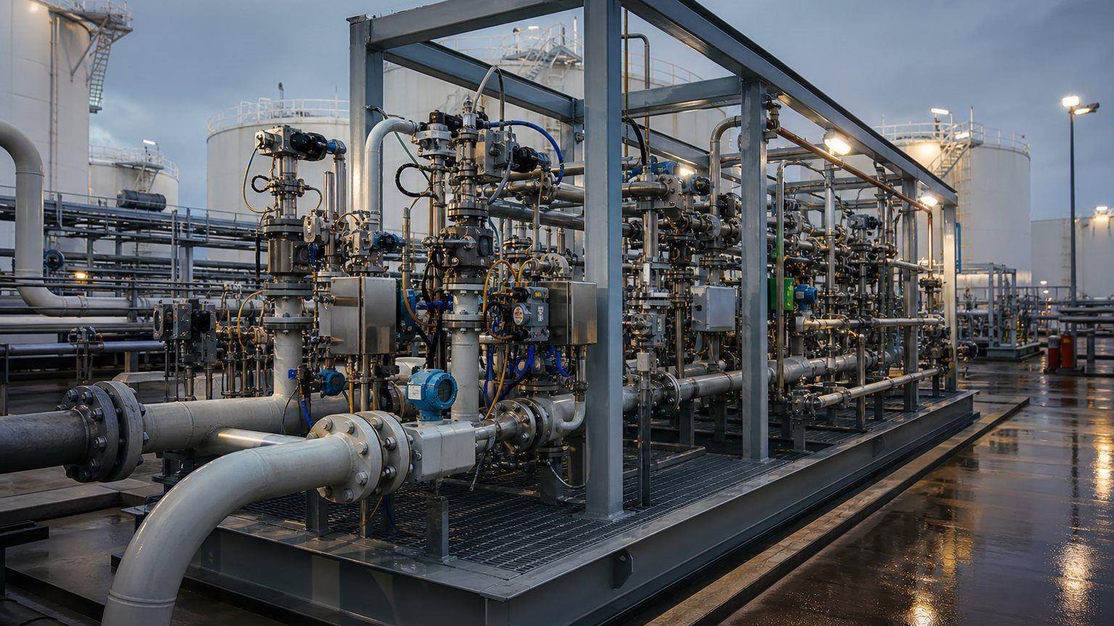 Blending skid with pipework, valves and meters beside storage tanks at dusk