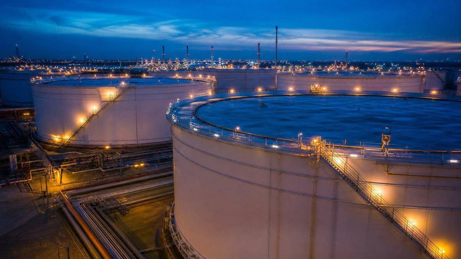 Large crude oil storage tanks lit at dusk at a coastal terminal