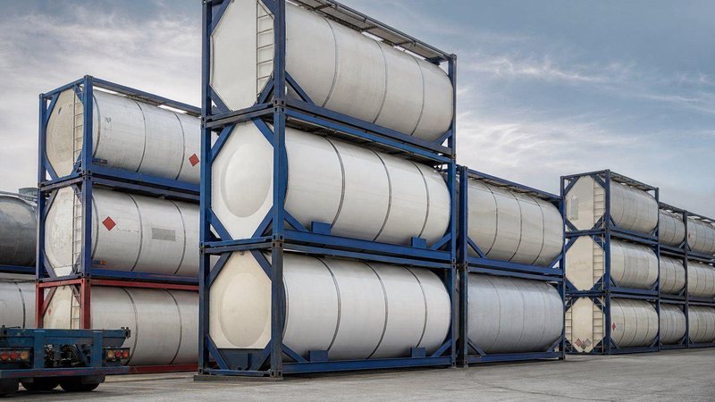 Stacked ISO tank containers in a container yard
