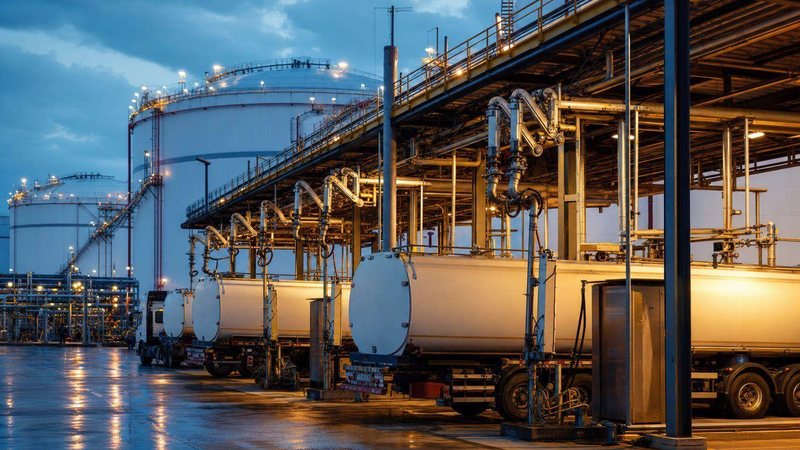 Tank trucks loading at a lit refined-products rack in front of storage tanks