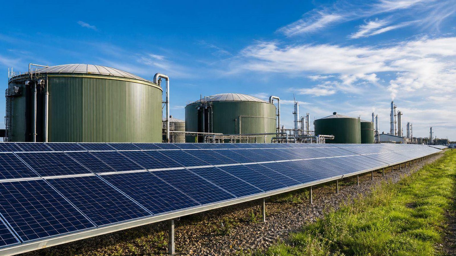 Green renewable fuel storage tanks beside a field of solar panels