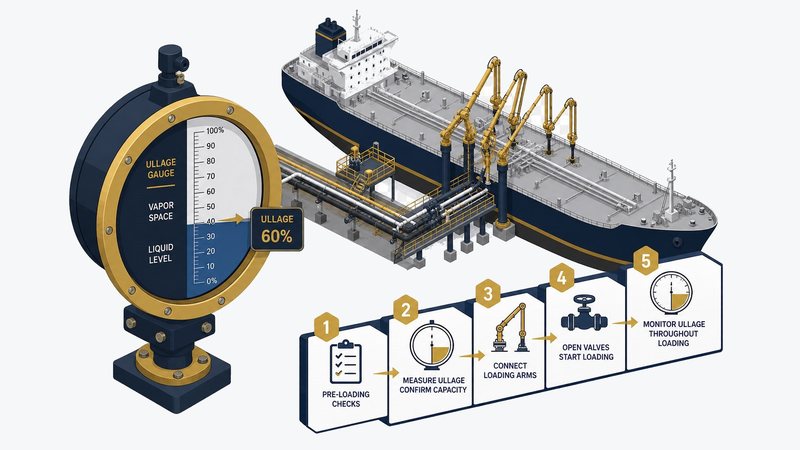 Illustration of an ullage gauge and a tanker loading at the berth