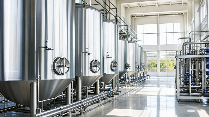 Stainless steel vegetable oil tanks in a clean, bright processing hall
