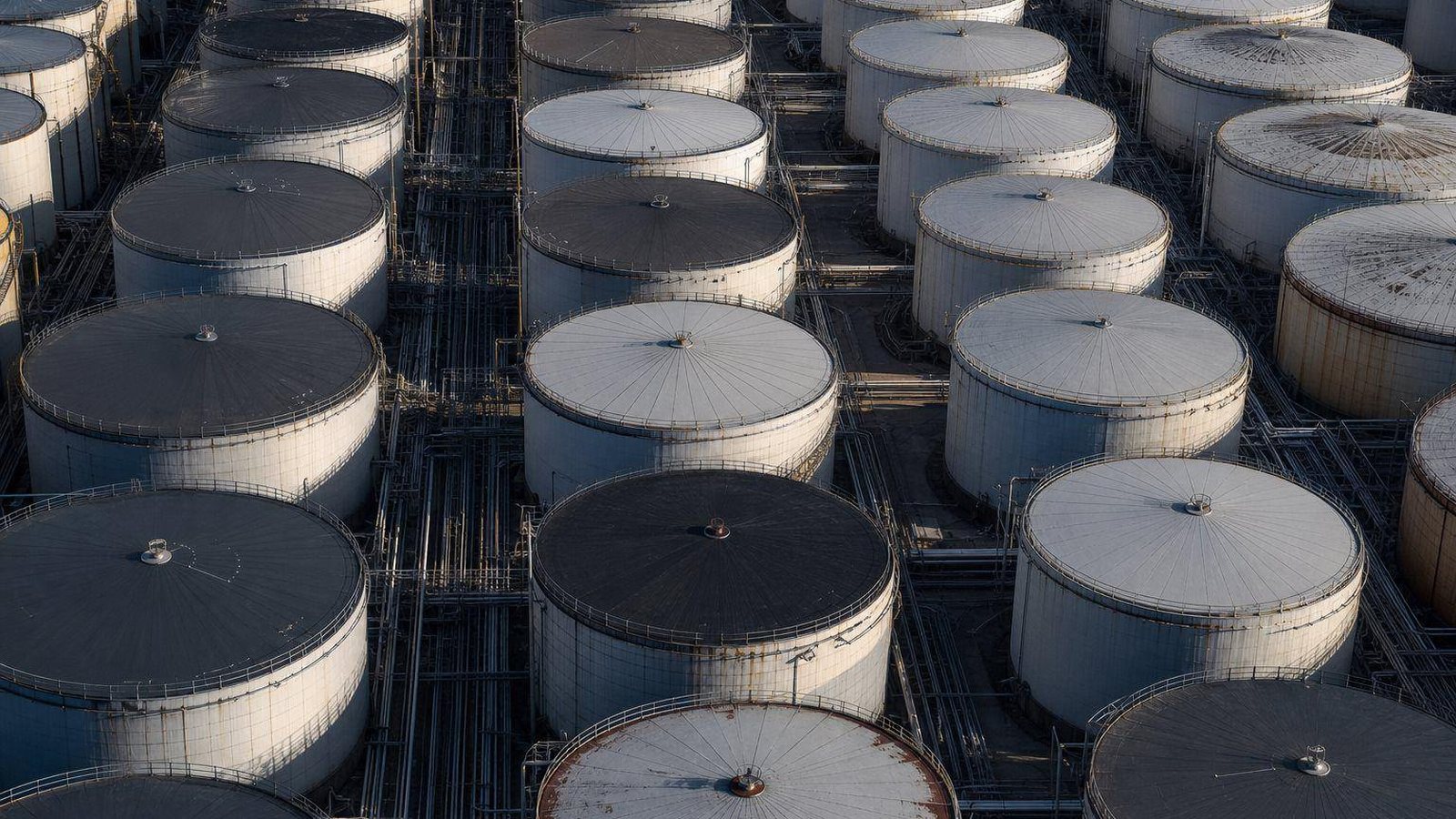 Aerial view of rows of round storage tanks at a large tank farm