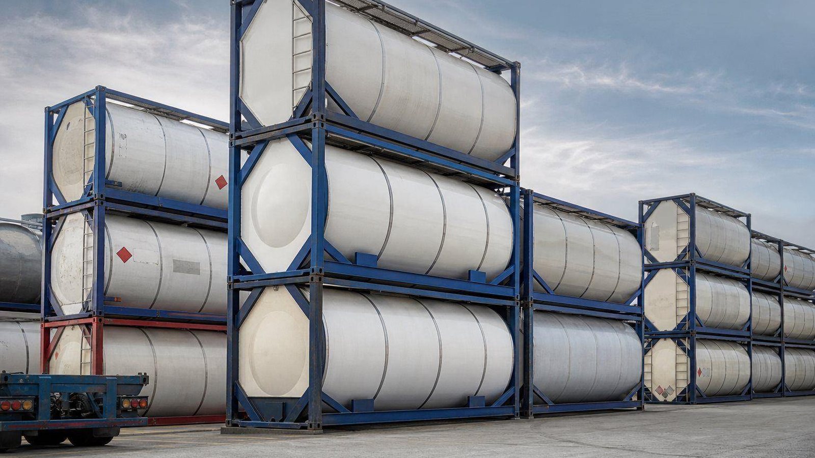 Stacked ISO tank containers in a container yard