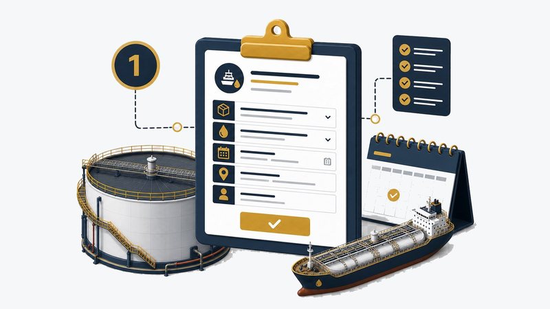 Illustration of a nomination checklist beside a storage tank and a tanker