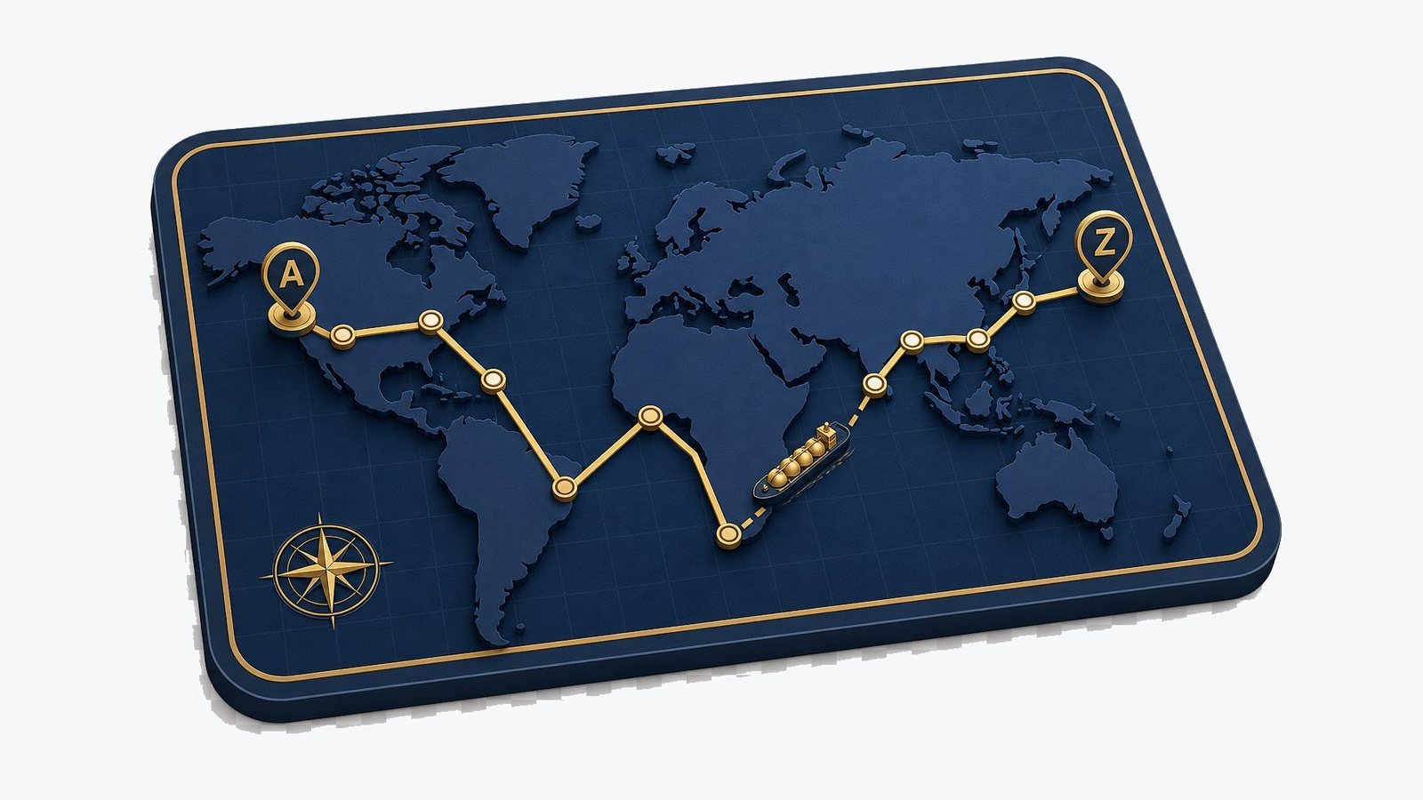 Illustration of a world map with a route from A to Z