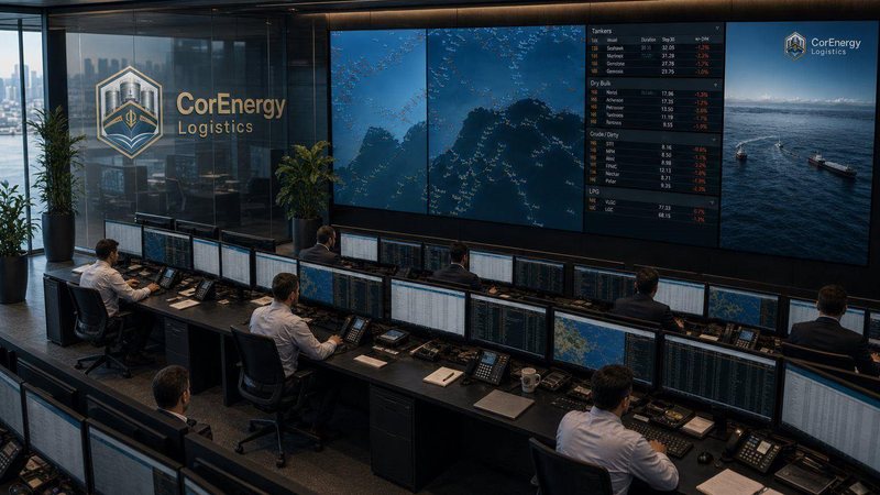 CorEnergy chartering desk with staff at screens and a vessel-tracking video wall