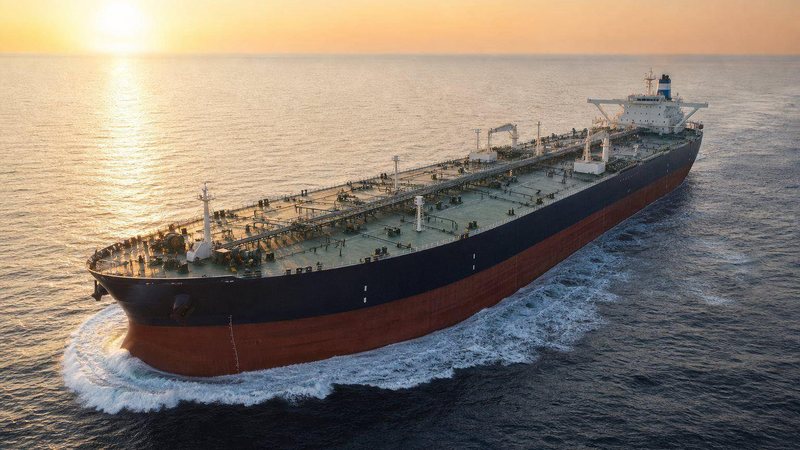 Fully laden crude oil tanker underway at sunset