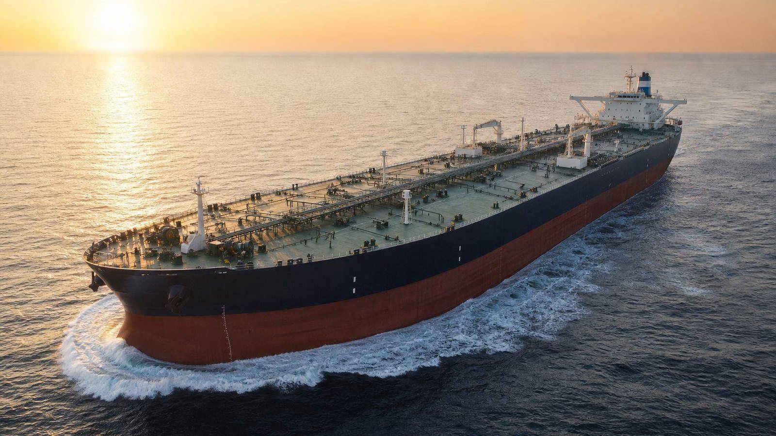 Fully laden crude oil tanker underway at sunset