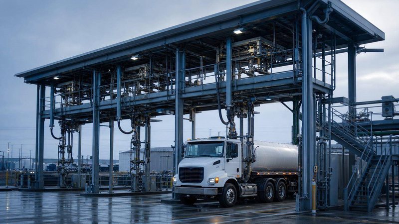 Tank truck under a covered loading gantry at a terminal