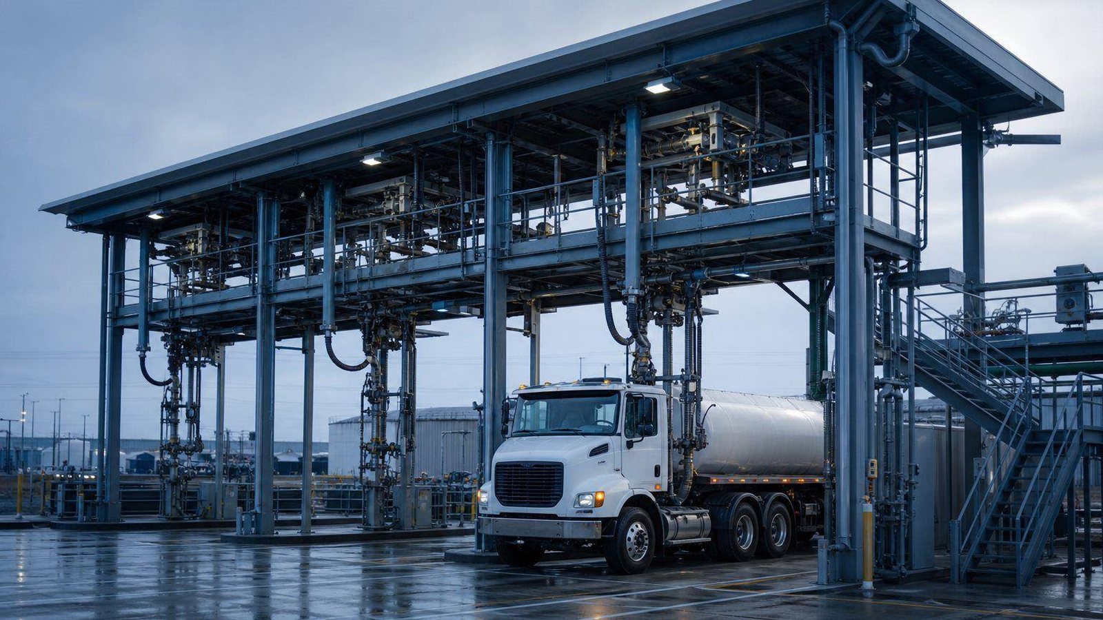 Tank truck under a covered loading gantry at a terminal